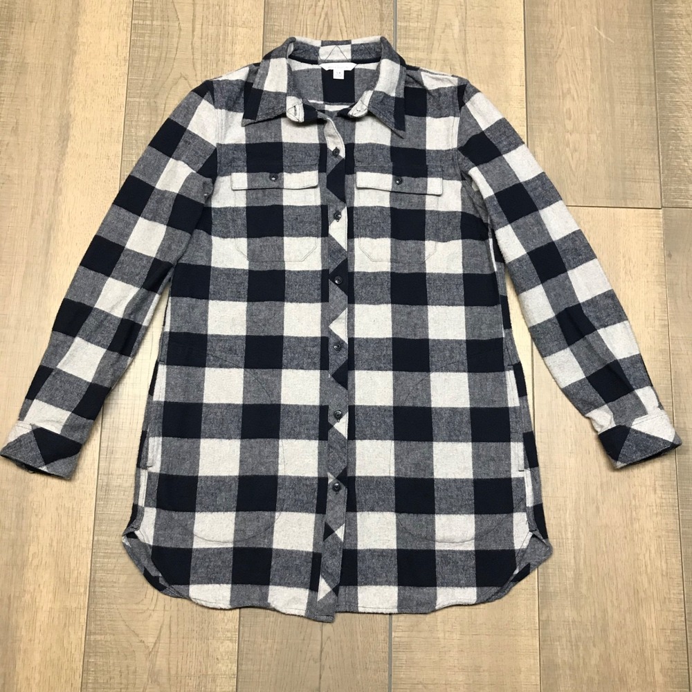 L.L. Bean Signature Tunic Chamois Cloth Shirt Button Up Womens Sz S Blue Flannel